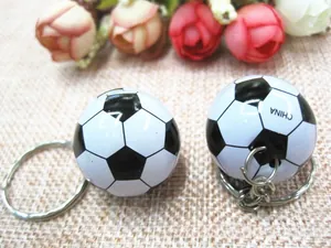 Close-up of a mini black and white soccer keychain featuring the CHINA text on the ball