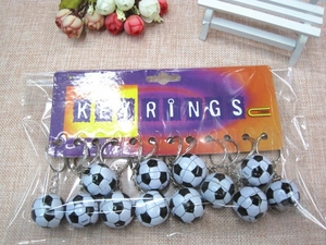 Detail of 12-piece mini soccer keychains set with silver chains and printed card header