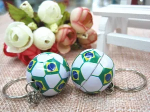 Detailed macro view of soccer keychain with Brazil flag colors and silver metal ring