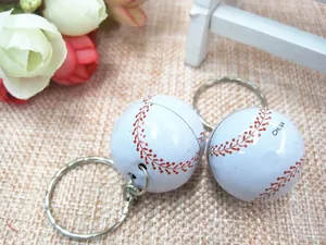 Detailed macro view of two mini white baseball keychains with China text and silver rings