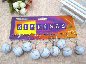 Detailed set of 12 mini baseball keychains with red stitching on display card packing