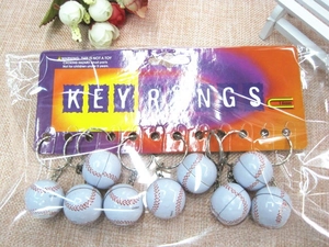 Detail of baseball keychain set with white balls and red stitching in bulk packaging
