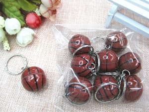Detailed view of mini basketball keychains with textured lines and metal rings