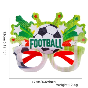 Detailed view of green football party glasses frame with 17x13cm dimension and weight info