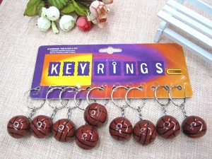 Detailed view of 12 mini basketball keychains in a blister pack for sports gifts