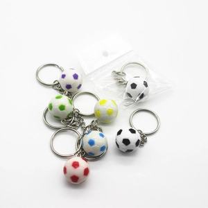 Dettaglio di mini portachiavi a forma di pallone da calcio colorati con anelli metallici