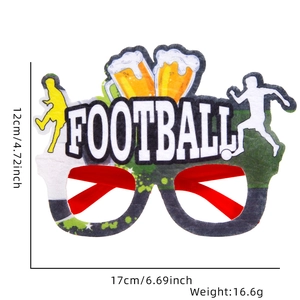Detail view of football party glasses with beer motifs and 17cm width dimensions