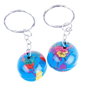 Set of two mini globe keychains with detailed world map printed on spherical pendants