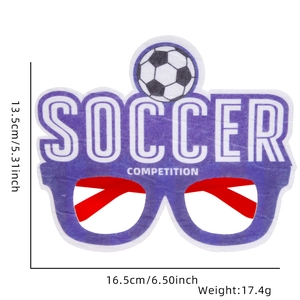 Detail showing dimensions of blue soccer party glasses with soccer competition text