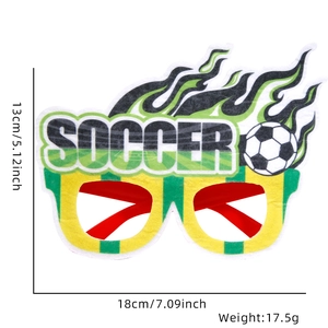 Soccer party glasses with yellow and green stripes and dimensions in centimeters