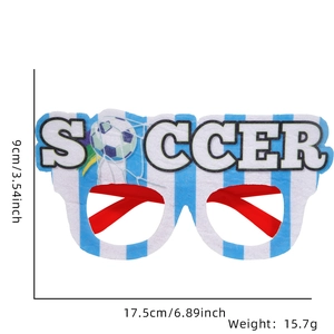 Soccer party glasses detail showing 17.5cm width dimensions and 15.7g weight info