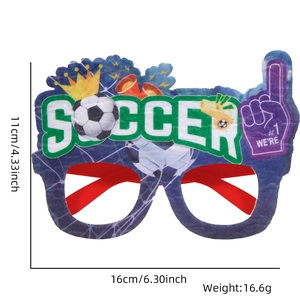 Detailed view of soccer fan party glasses with blue felt frame and decorative letters