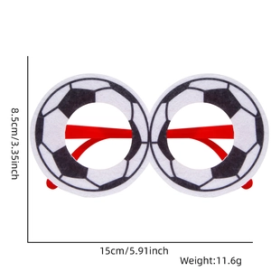 Detailed dimensions of soccer ball party glasses with white, black and red plastic frame