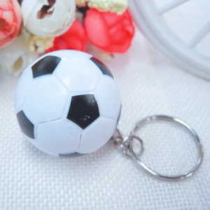 Detail of a mini 3D soccer ball keychain with classic black and white stitching patterns