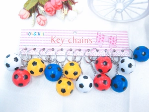 Détails de porte-clés de football multicolores présentés sur une carte rose décorative