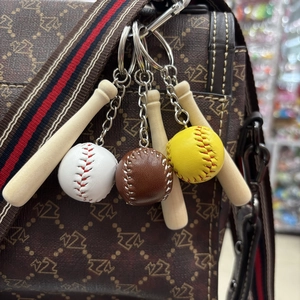 Mini Baseball Keychain Set With Wooden Bat Simulation Sports Keychain PU Leather Softball Pendant For Bags Key Ring Gift
