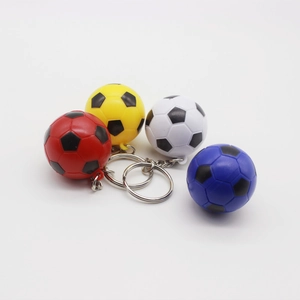 Close-up of mini soccer ball keychains in red, yellow, blue, and white colors