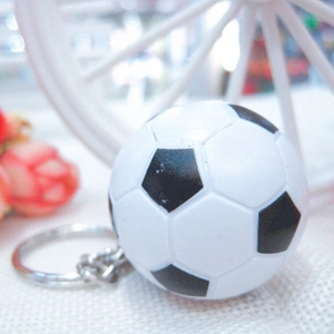 Detailed view of mini classic soccer ball keychain with realistic pentagon texture and chain