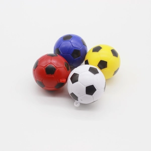 Close-up of mini soccer ball pendants in red, blue, yellow, and white with hanging loops