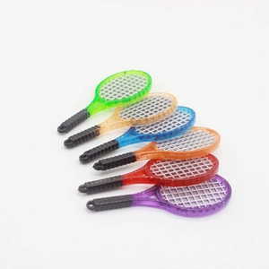 Colorful mini tennis racket keychains in six resin colors with glitter finish