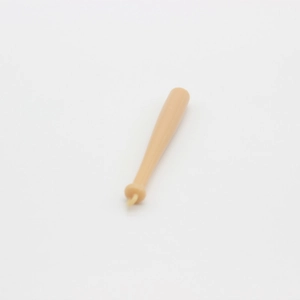 Close-up of a mini wooden baseball bat keychain accessory with a smooth plastic finish