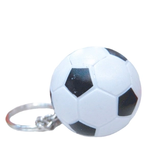 Mini soccer ball keychain with classic black and white design and silver metal ring