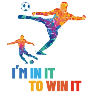 Detail of soccer player silhouette window sticker with motivational quote in watercolor style