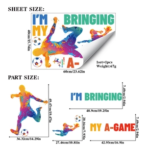 Detailed dimensions of football themed wall decals with colorful splatter ink athletes