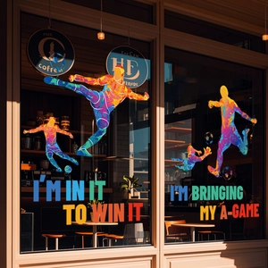 Rainbow gradient soccer window stickers with dynamic player silhouettes and slogans