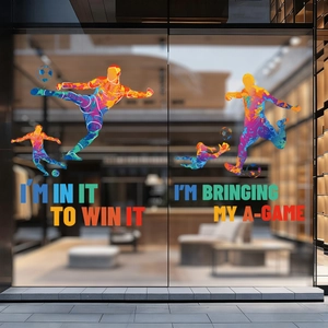 Rainbow gradient soccer window stickers with motivational slogans on glass surface