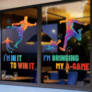Rainbow soccer window stickers with motivational slogans on restaurant glass