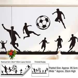 Detail showing silhouettes of soccer players on a wall sticker with layout dimensions