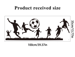 Layout dimensions showing soccer player silhouettes wall stickers at 100cm by 35cm size