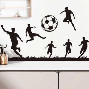 Soccer athlete silhouettes wall sticker set with football and grass lawn for home decor