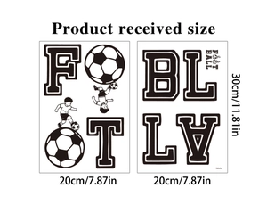 Size chart showing football theme wall stickers measuring 20cm by 30cm with boy silhouettes