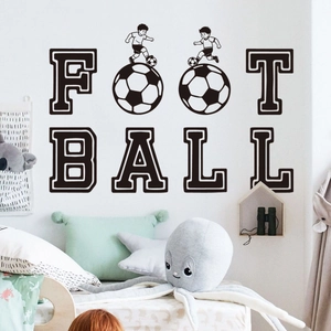 Detail of football wall decal with boys illustration in a cozy children room setting