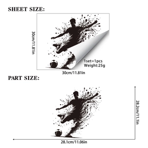 Soccer wall sticker featuring a silhouette of a player kicking a ball with size dimensions