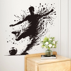Soccer player wall sticker with dynamic silhouette and ink splash for home decor