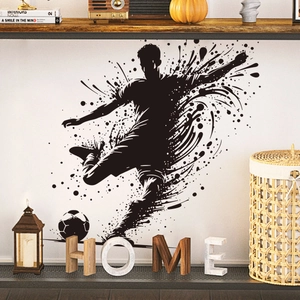 Dynamic soccer player wall sticker in black ink splash silhouette for home decoration