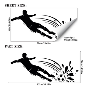 Soccer player silhouette wall sticker showing sheet and finished dimensions for room decor