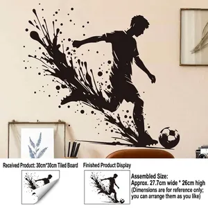 Detail showing soccer player silhouette wall sticker dimensions and splash ink effect