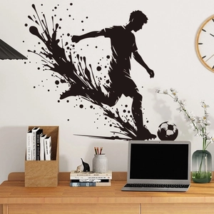 Dynamic soccer silhouette wall decal with ink splatter effect for home office decoration