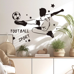 Detail of soccer player wall sticker in a cozy living room with a football sport text