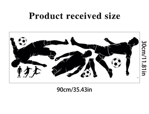 Detail showing soccer player silhouette wall stickers with 90x30cm size measurements