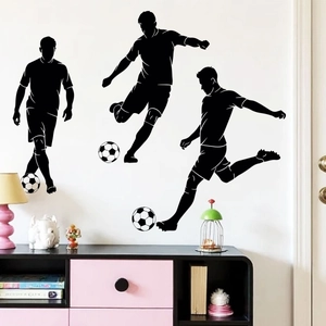 Soccer player silhouette wall decals featuring football action poses in matte black PVC