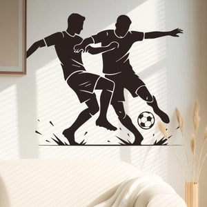 Action silhouette wall decal of two soccer players competing on a modern white wall