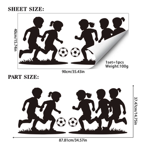 Soccer kid silhouette wall sticker showing sheet and finished display dimensions