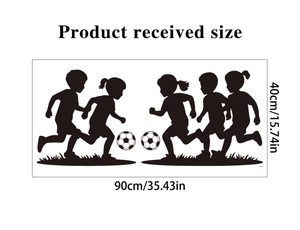 Detail view of soccer wall sticker dimensions showing 90cm x 40cm layout with kids silhouettes