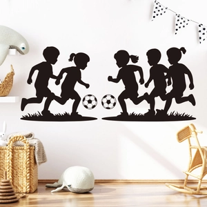 Kids football silhouette wall stickers for nursery decor showing five children playing soccer