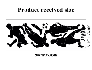 Detail view of 30x90cm soccer wall sticker featuring black player silhouettes and dimensions